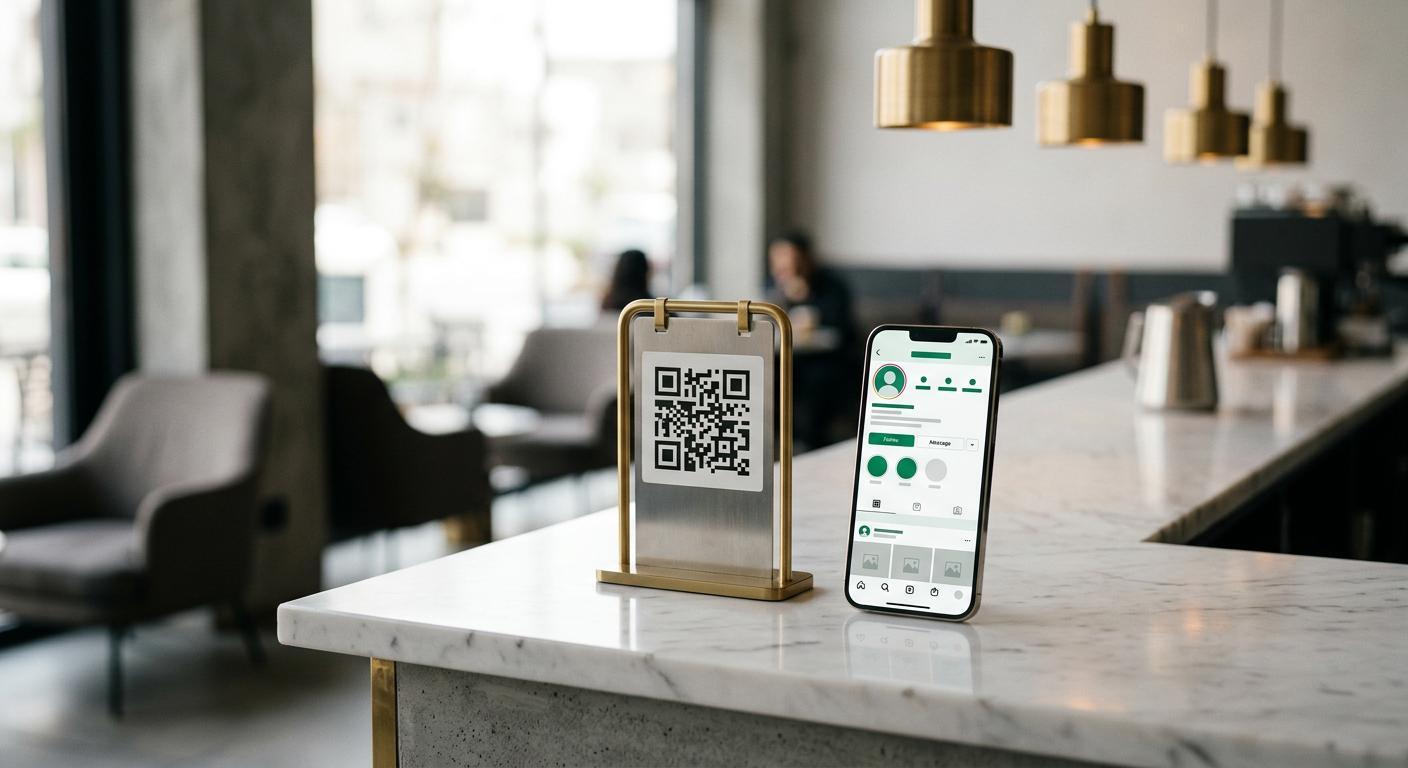 Стойка с QR-кодом и смартфон гостя на стойке кофейни