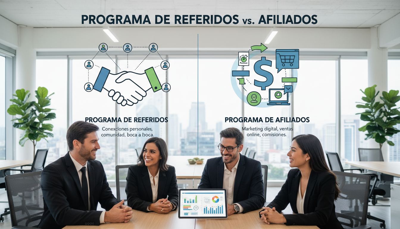 Profesionales valorando las diferencias de  programas de referidos vs. afiliados.