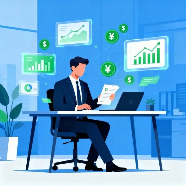 Бизнесмен анализирует финансовые документы и банковские операции - иллюстрация в стиле современных SaaS-платформ (clean, professional)