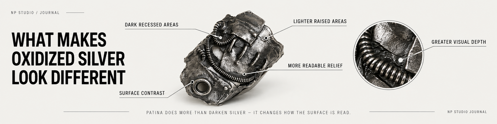 How oxidized silver changes the look of relief through dark recessed areas, lighter raised areas and stronger surface contrast