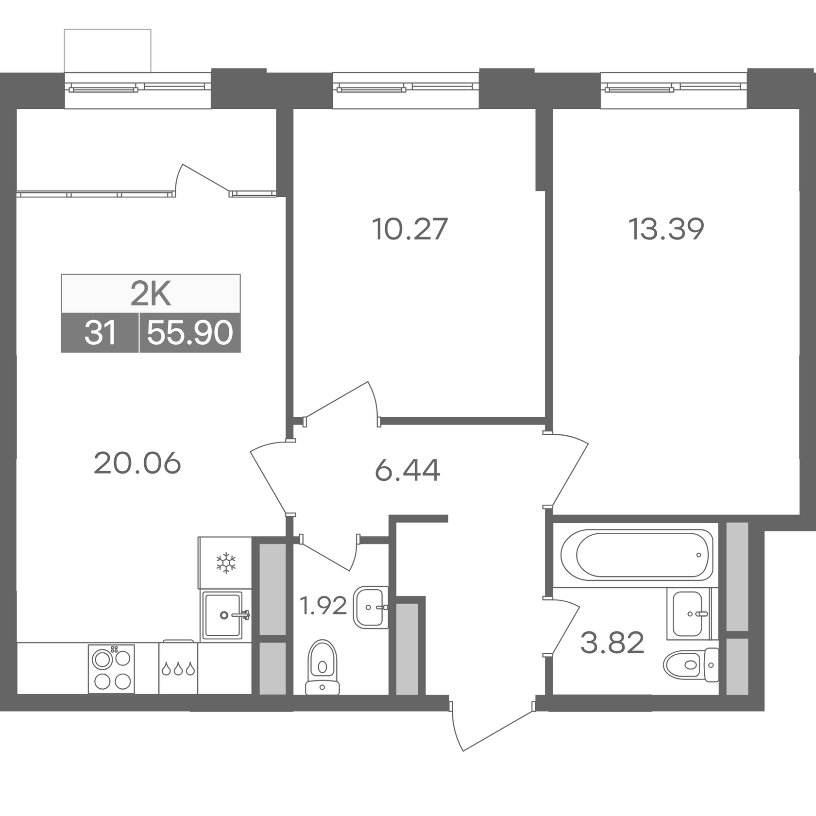 Планировка двухкомнатной квартиры 55.90 м² в доме 15 ЖК Новая Жизнь