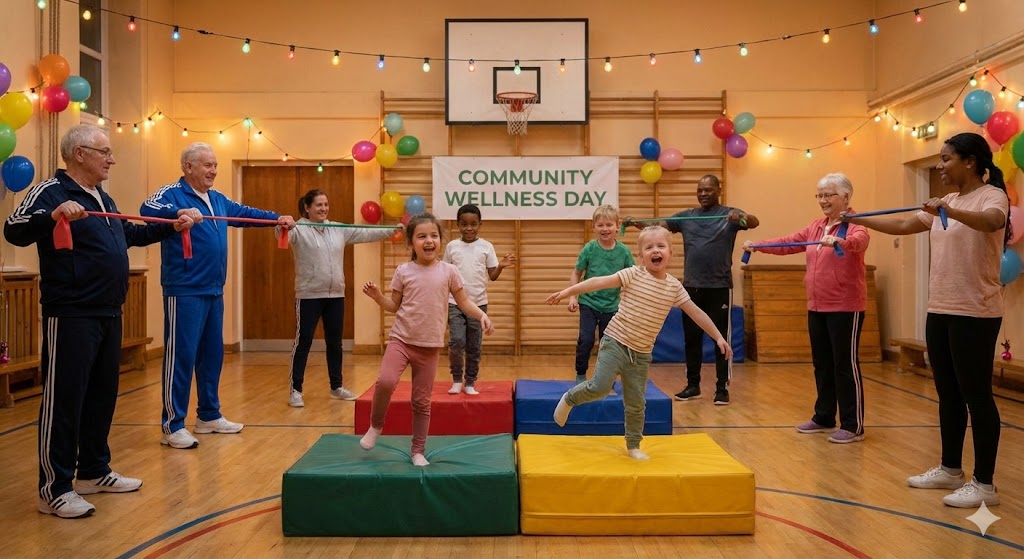 Люди разных возрастов занимаются спортом в зале в честь праздника