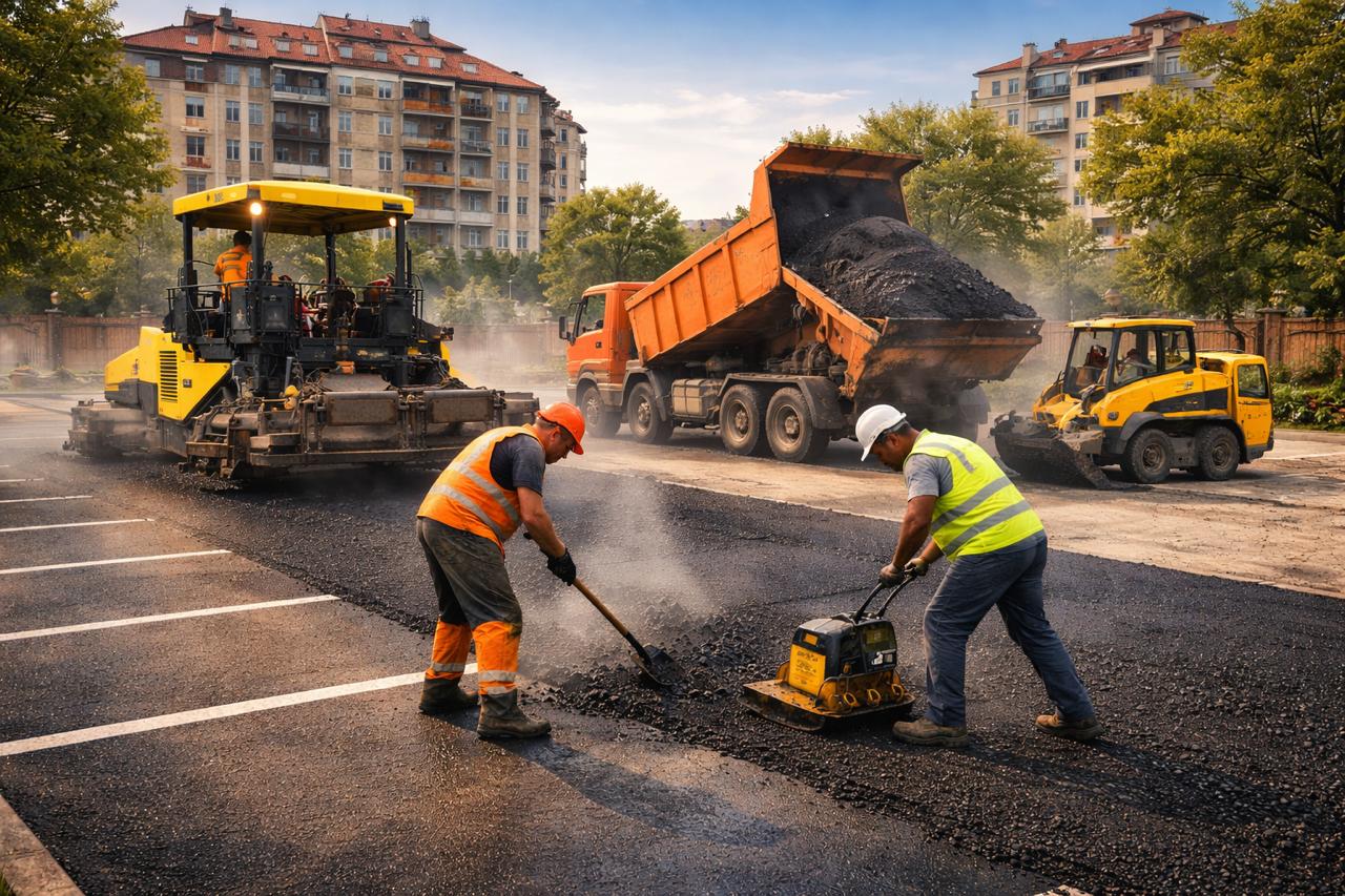 Асфальтиране на паркинг в София – двама работници полагат асфалт с техника