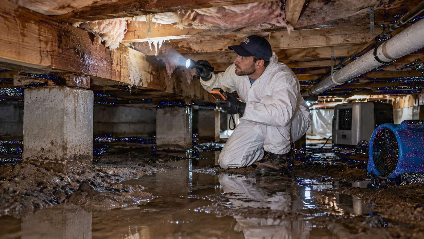 rawl space water damage inspection with standing water, wet insulation, moisture testing, air mover, and dehumidifier during professional drying