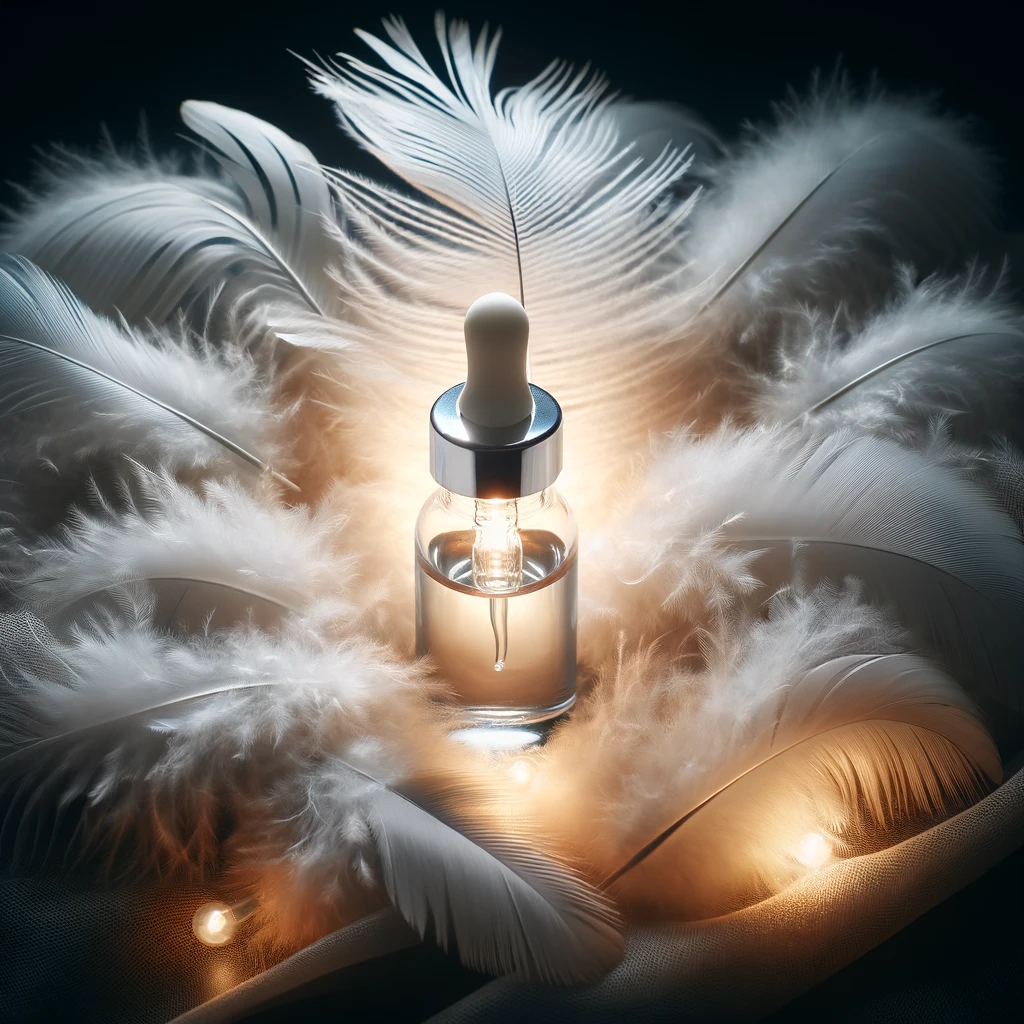 An elegant glass serum bottle surrounded by soft, delicate feathers. The bottle emits a warm, subdued light that gently illuminates the feathers, creating a sense of lightness, purity, and safety. This light symbolizes the innovative and gentle path to beauty, emphasizing an alternative to traditional botulinum toxin injections. The image should convey a metaphor of ease and non-invasiveness, contrasting the heavy and cold imagery of medical injections.