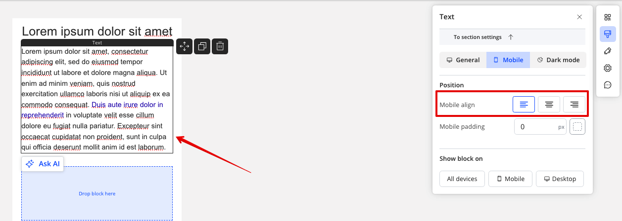 Setting text block alignment for mobile mode in settings
