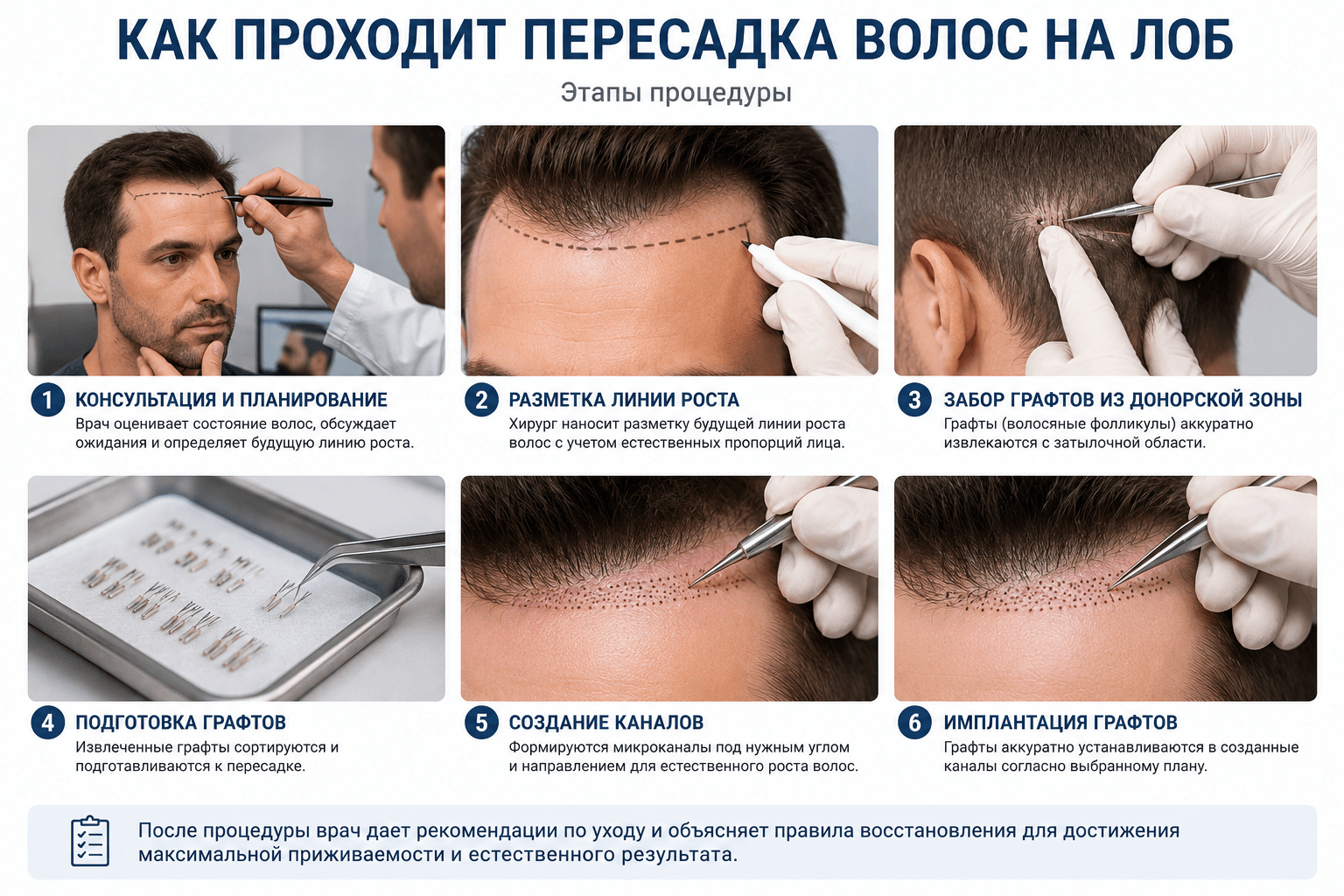 этапы пересадки волос на лоб