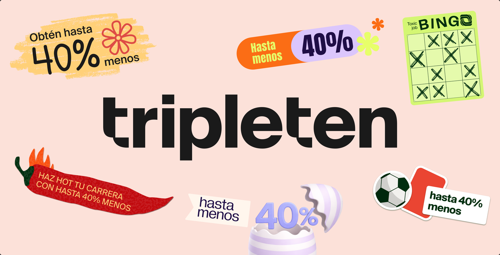 TripleTen logo surrounded by &ldquo;up to 40% off&rdquo; promo stickers for Latin America &mdash; a bingo card, a chili pepper, a football and a cracked Easter egg