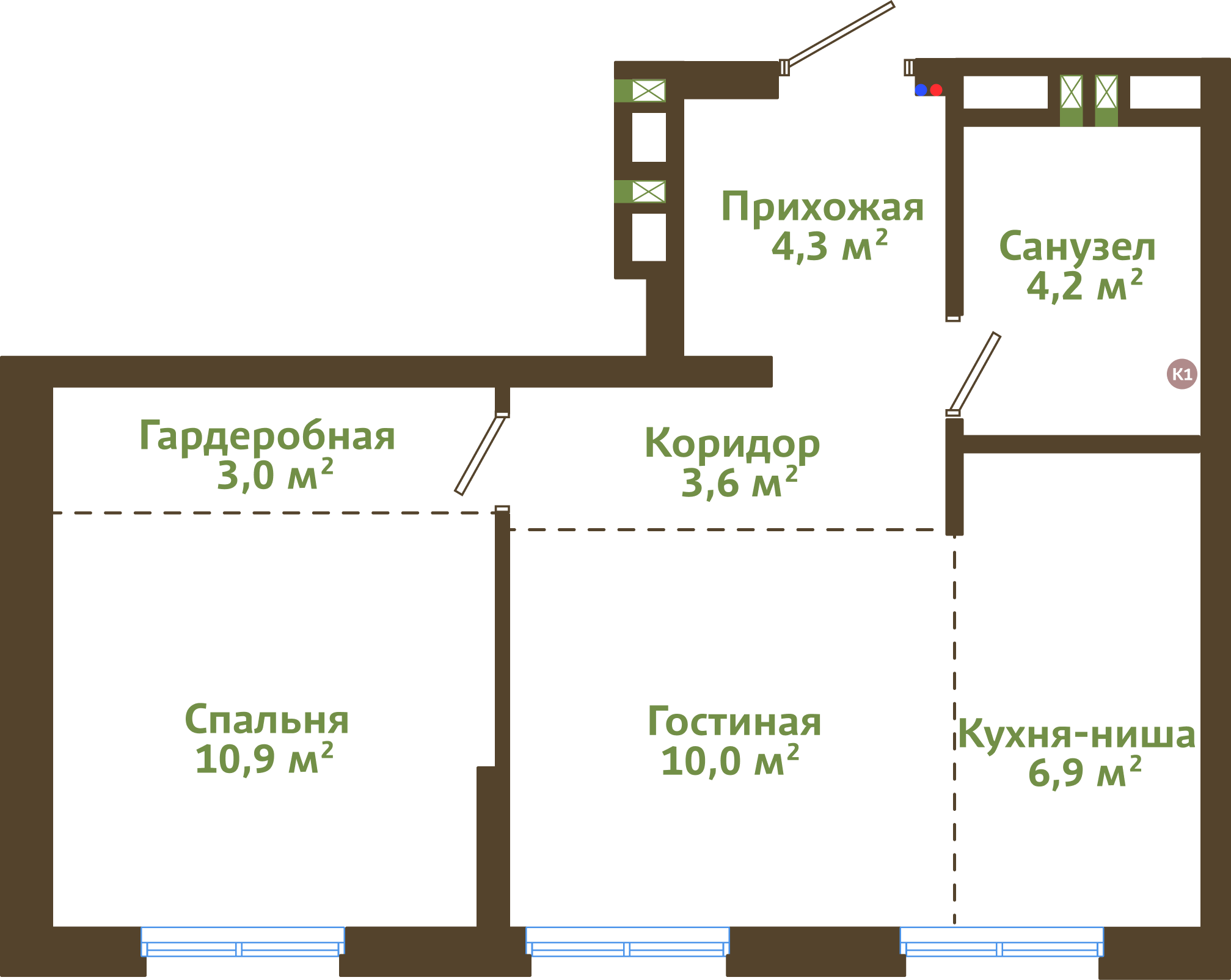 Планировка 2-комнатной квартиры 42,90 м²