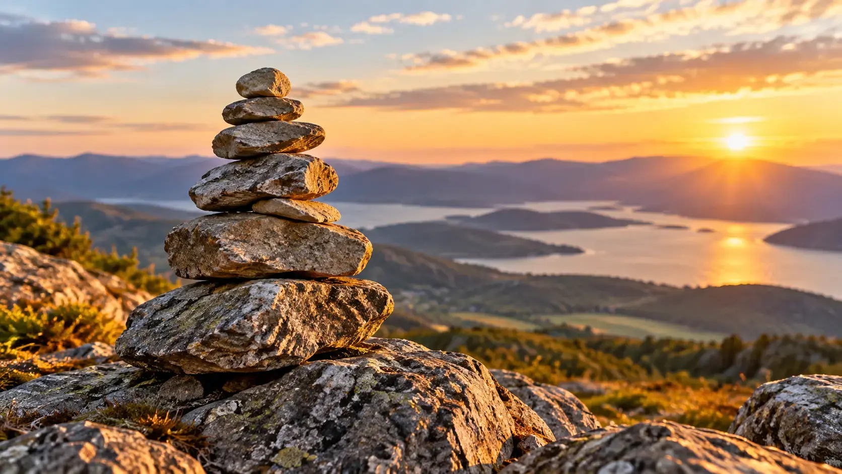 Каменная пирамидка, сложенная из камней на горной тропе — визуализация слова cairn: груда камней, маркер пути