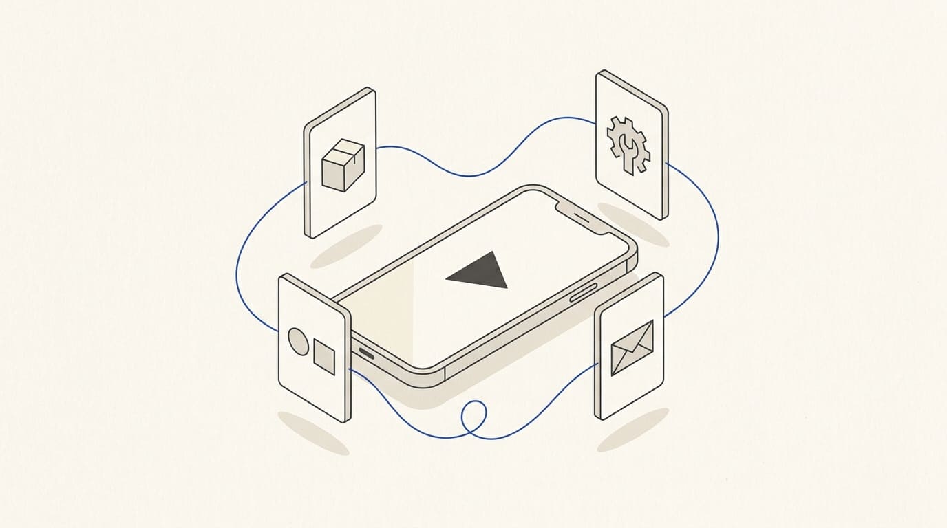 A smartphone with short-video idea cards for products, work processes, comparisons and customer questions.