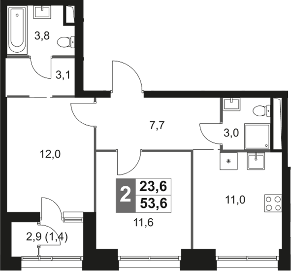 2-комн — 53,6 м²