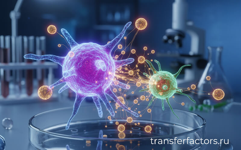 4Life Transfer Factor — визуализация «обучения» иммунитета: светящиеся иммунные клетки и сигнальные частицы над чашкой Петри