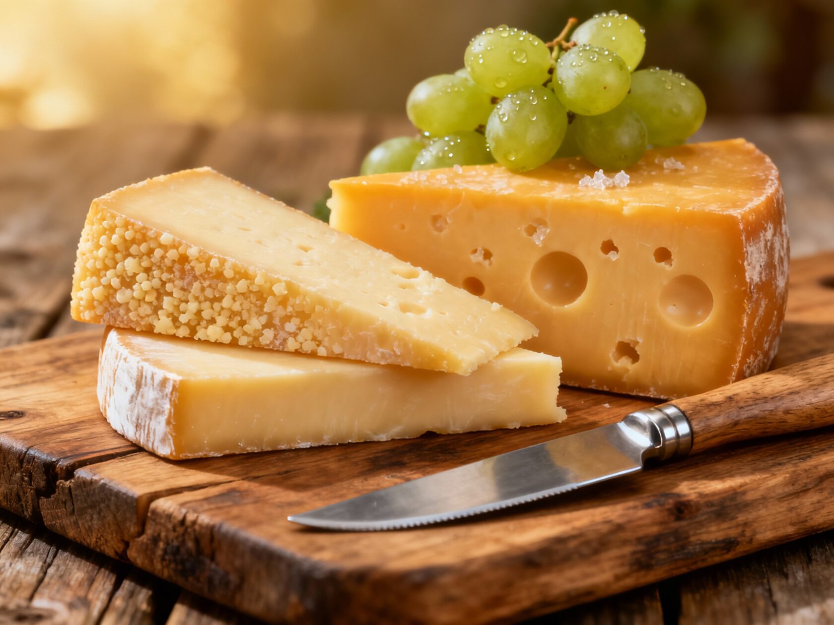 Реалистичное фото ассортимента твердых сыров Воскресенский пармезан, Монрише и выдержанный Чеддер, расположенных на деревянной доске с ножом и виноградом