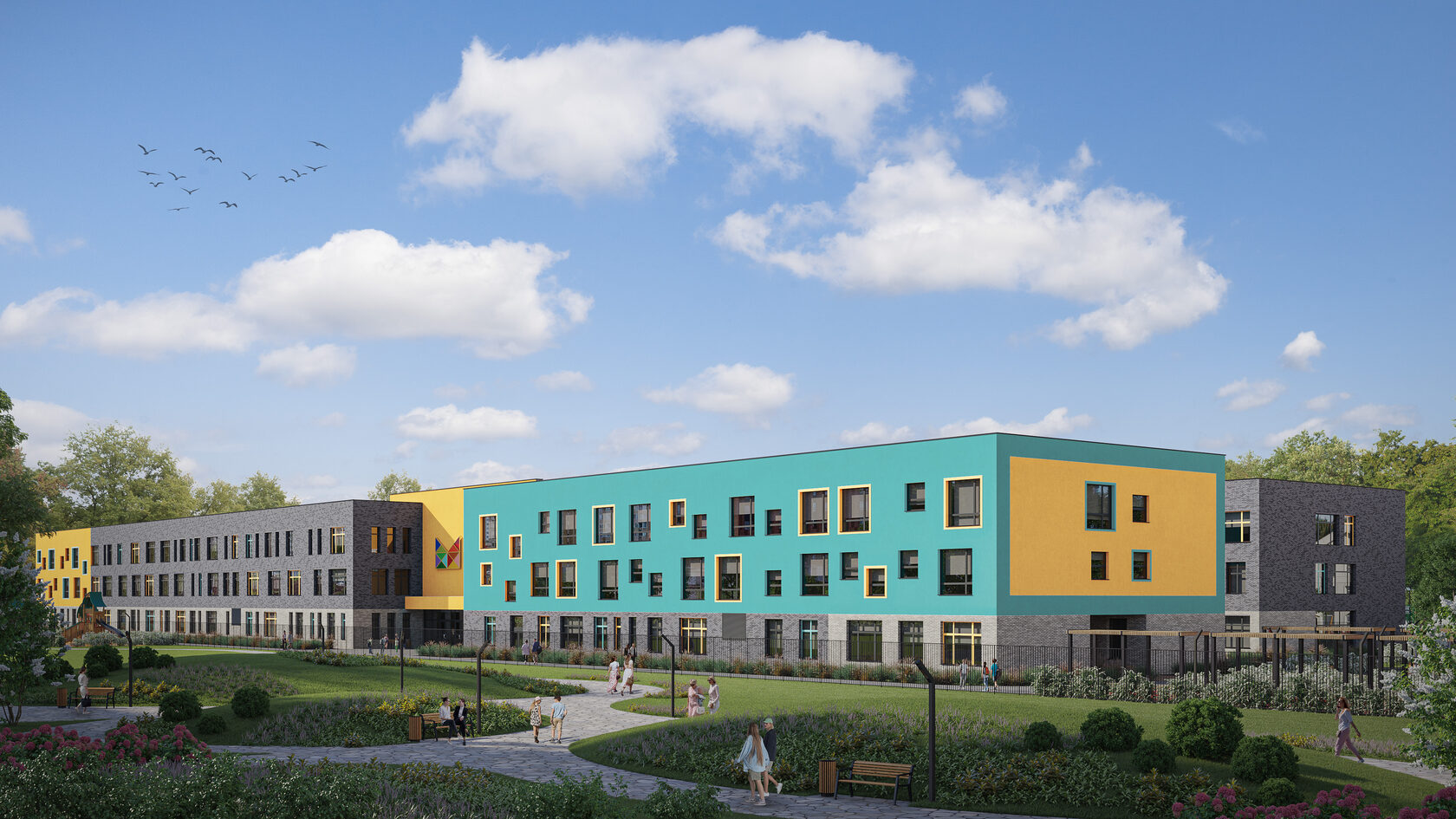 школа на 1100 мест типовой проект. архитектурная мастерская юсупова. новая школа на пашуковской. школа в микрорайоне восточный звенигород. академика челомея школа 1100.