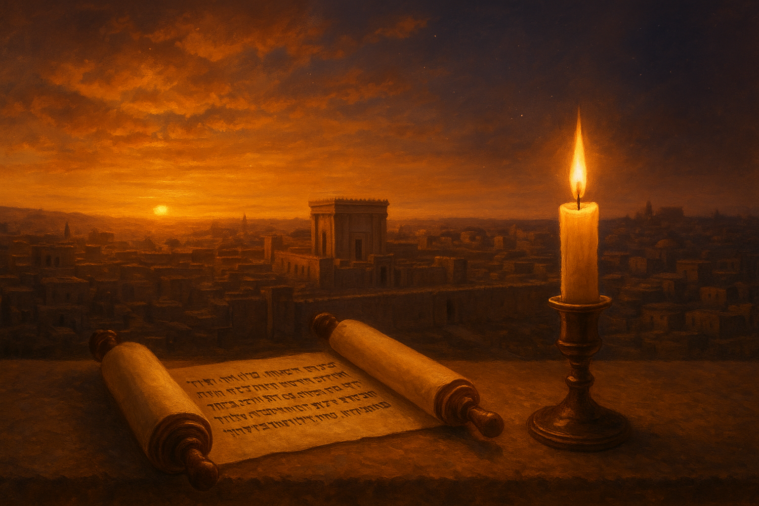Закат над Иерусалимом, свиток Торы и свеча - память о посте Гедальи и разрушении Первого Храма