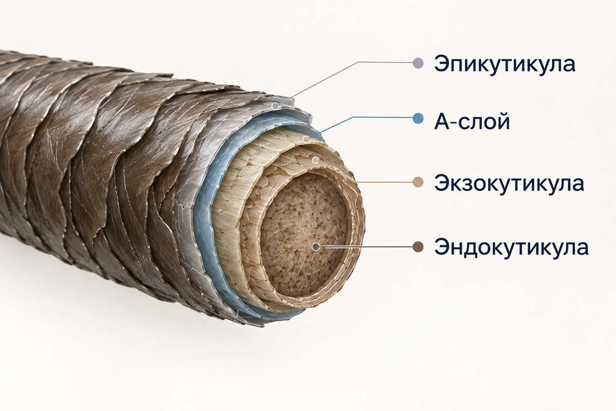 Слои кутикулы волоса: эпикутикула, А-слой, экзокутикула, эндокутикула