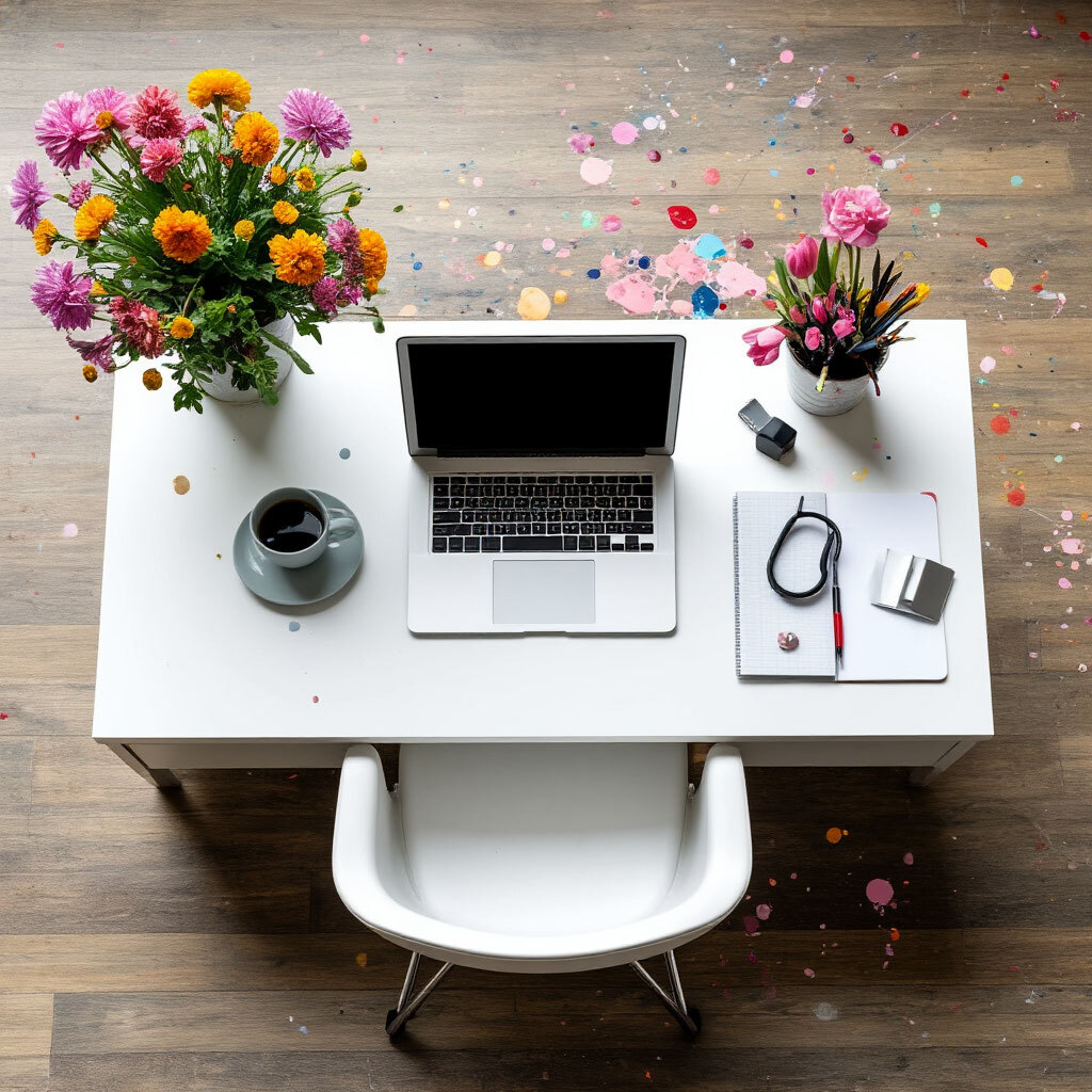 Офис, вид сверху, компьютерный стол офисного сотрудника с ноутбуком и цветами в брызгах краски — про арт-терапию против эмоционального выгорания на мастер-классах по интерьерной живописи спиртовыми чернилами от Luvricon в Санкт-Петербурге