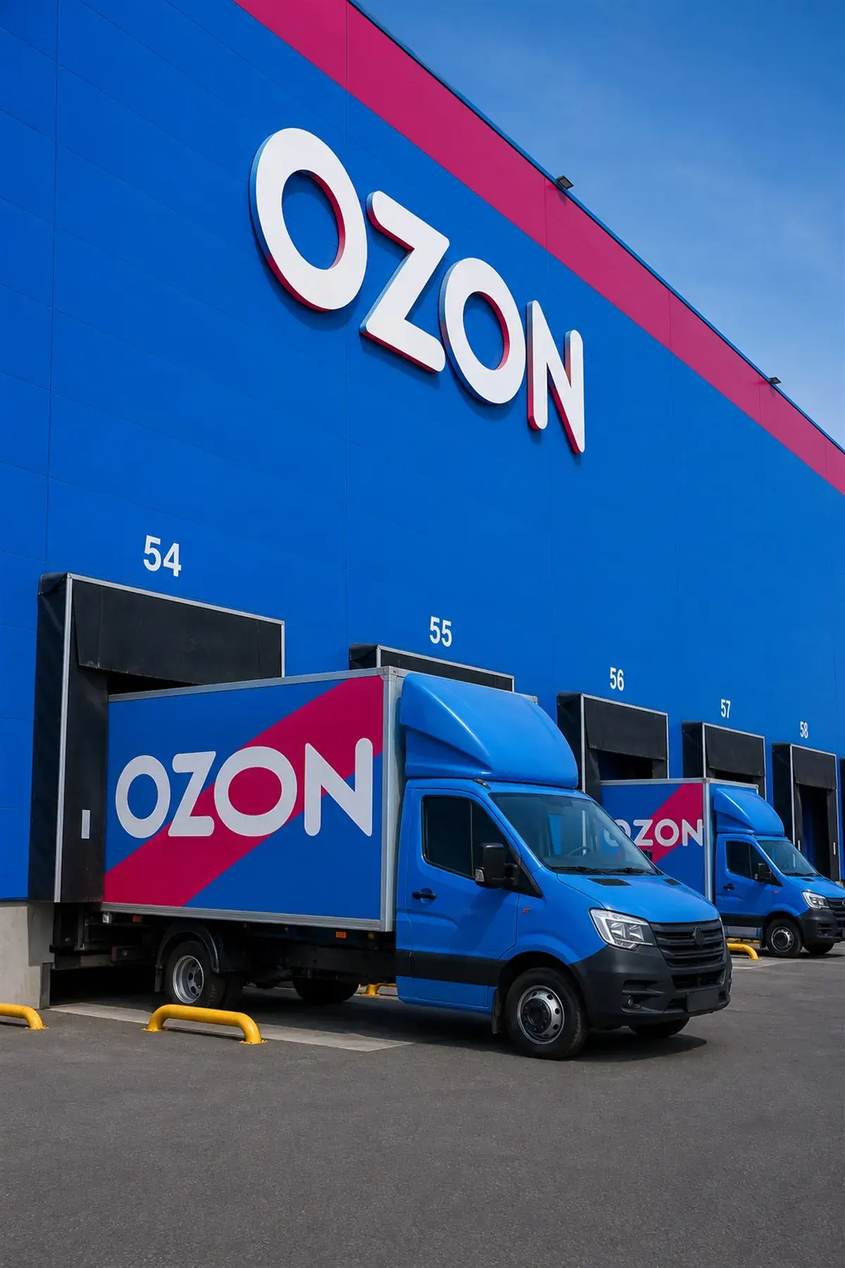 Грузовики Ozon под разгрузкой у ворот складского комплекса