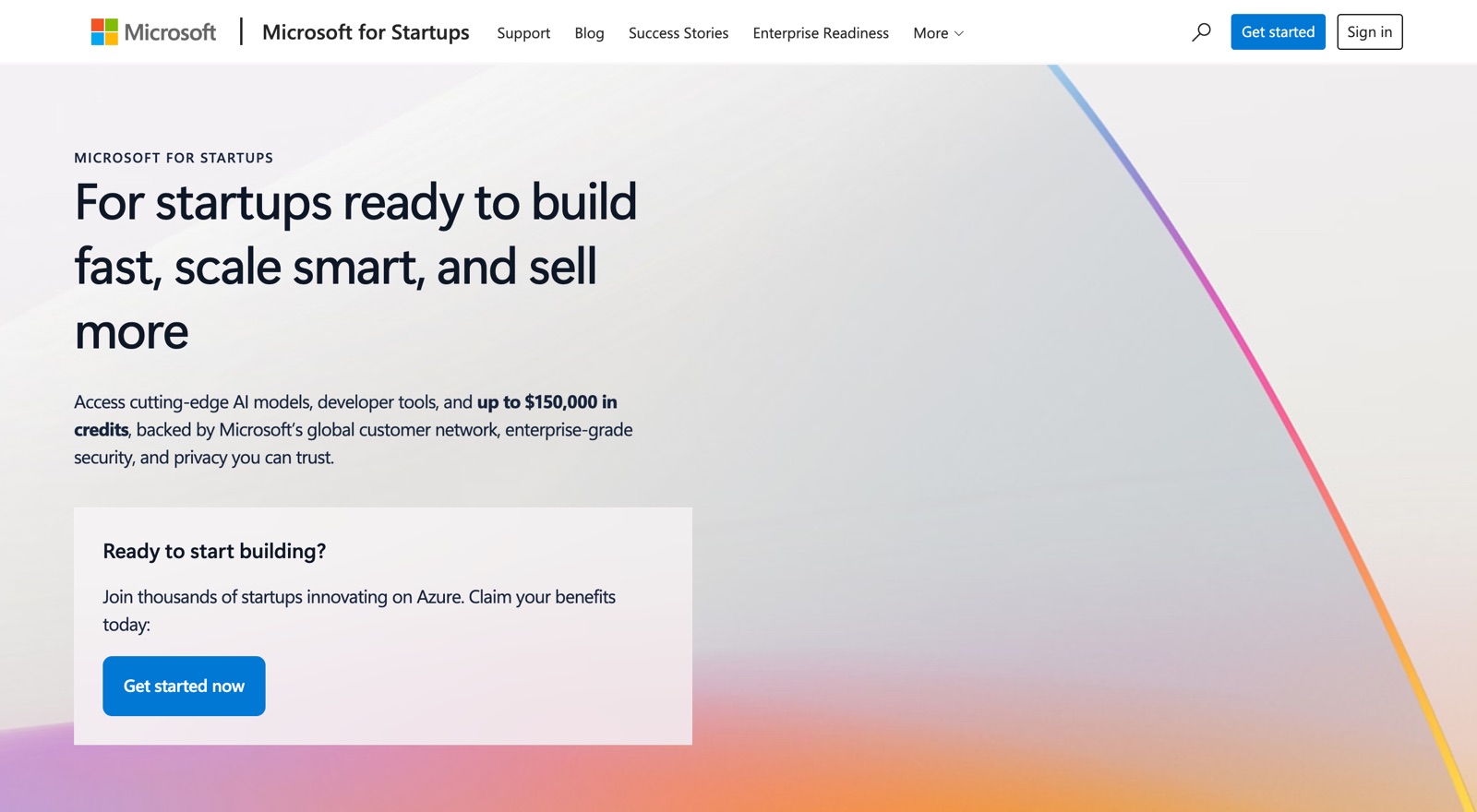 Microsoft for Startups homepage screenshot: Azure credits and support for startups