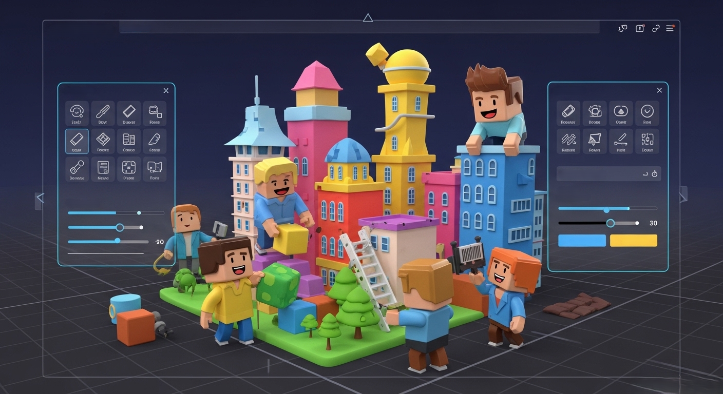 Интерфейс программы для разработки игр, где блочные аватары строят виртуальный 3D-город.