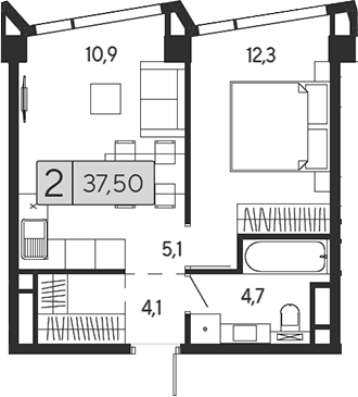 2-комн 37,50 м²