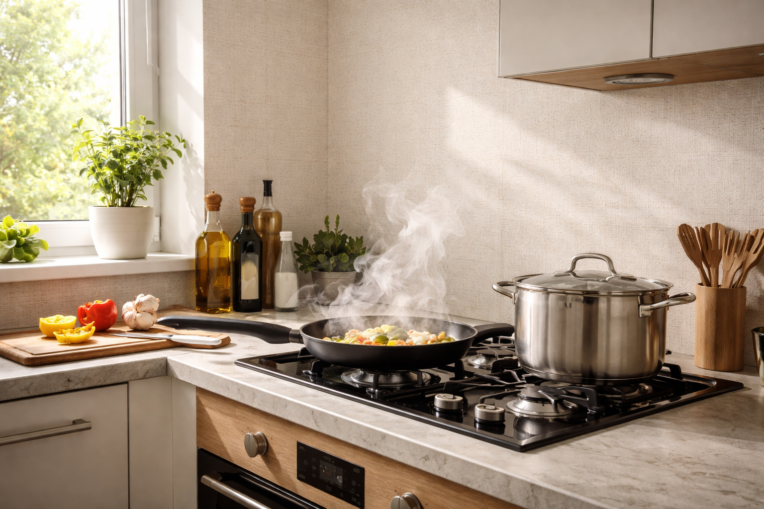 Влагостойкие виниловые обои на флизелине в кухне во время готовки — пар над плитой, чистые стены без пятен