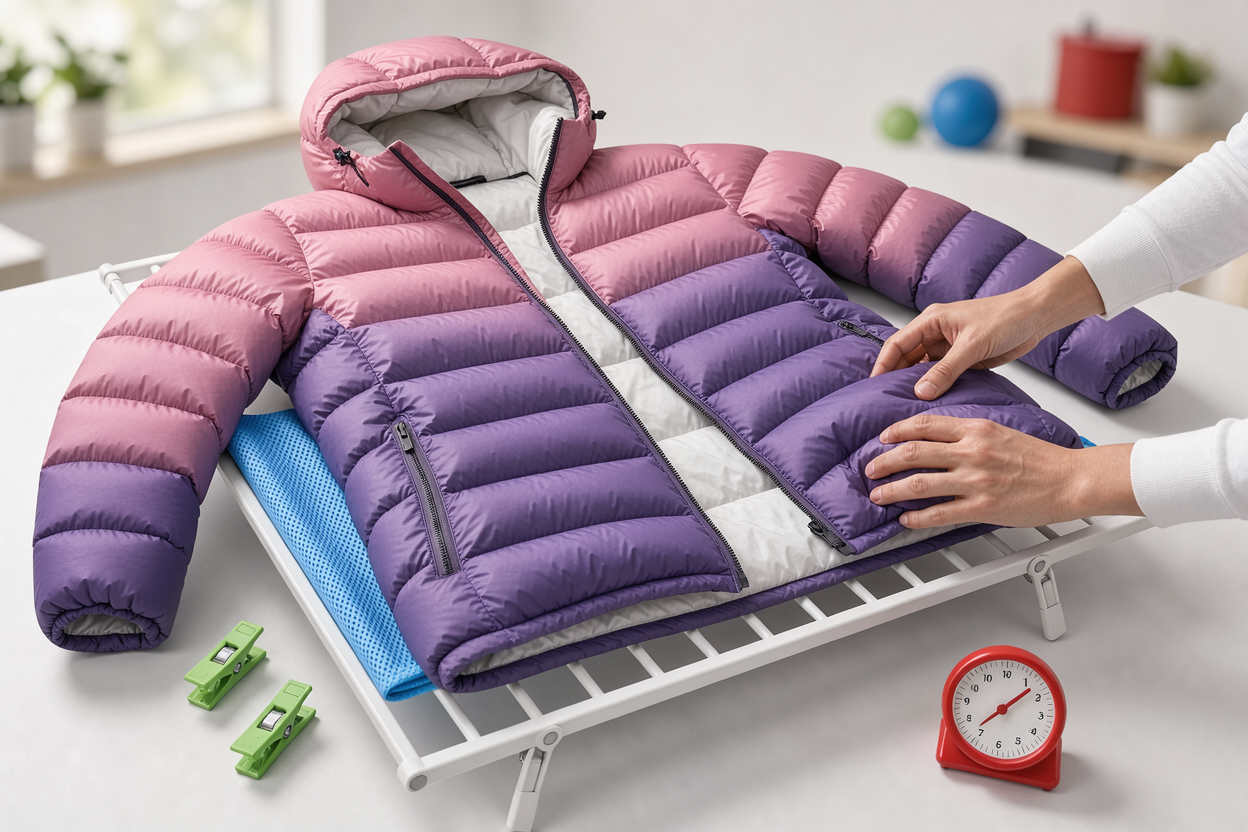 A down jacket laid flat on a drying rack with periodic hand-fluffing in progress, illustrating proper air-drying and restoration of loft