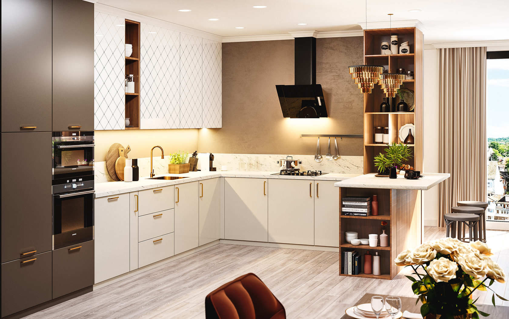 Заказать кухню «Шарлотта» Светло-серая с барной стойкой в стиле ...