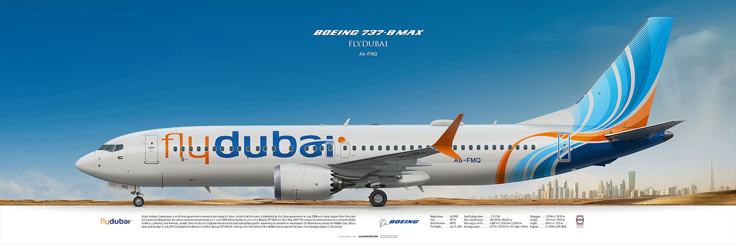 Плакат , самолёт Boeing 737-8 flydubai, на фоне пустыни