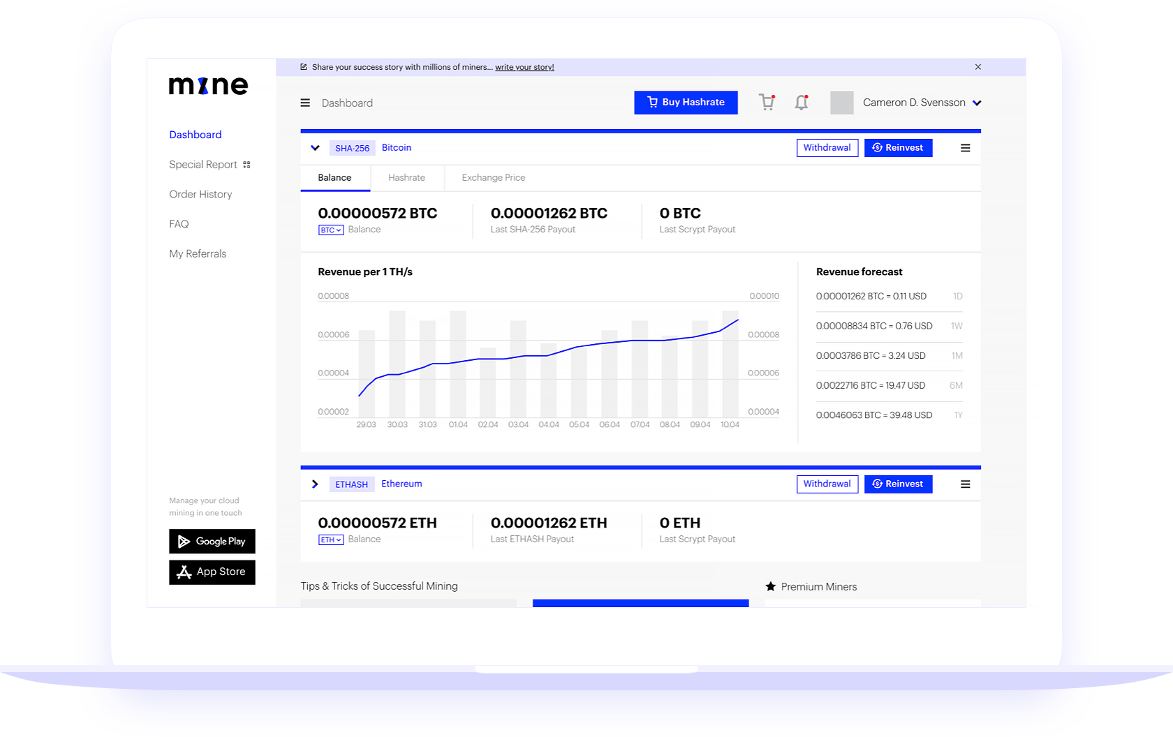 Minein Разработка Landing page и UI платформы для облачного майнинга Mine Cloud
