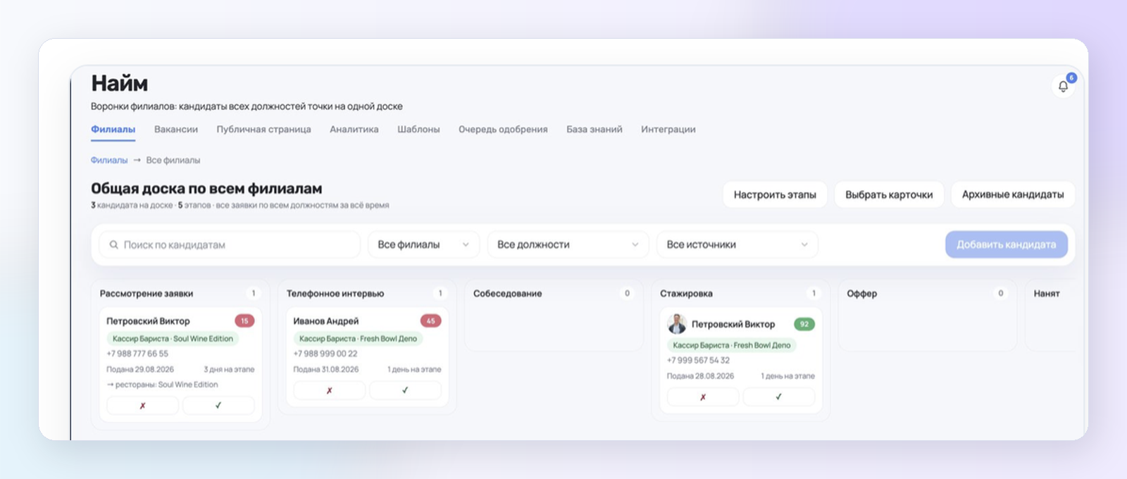 Единая доска кандидатов по филиалам ServiceGuru