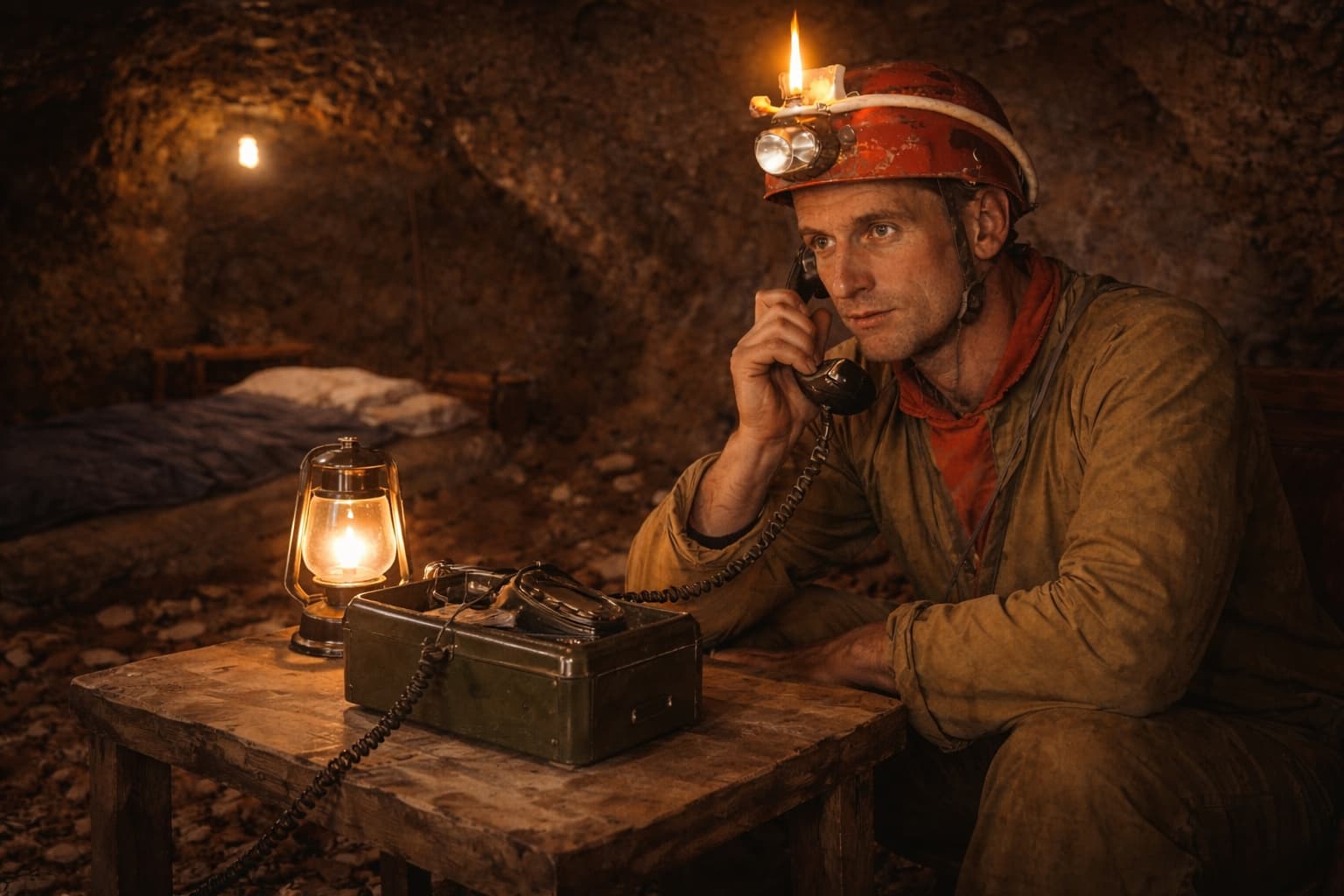 Michel Siffre in the Scarasson Cave, 1962 — a speleologist seated at a wooden table with a kerosene lamp and a field wire telephone during his experiment on internal biological time.