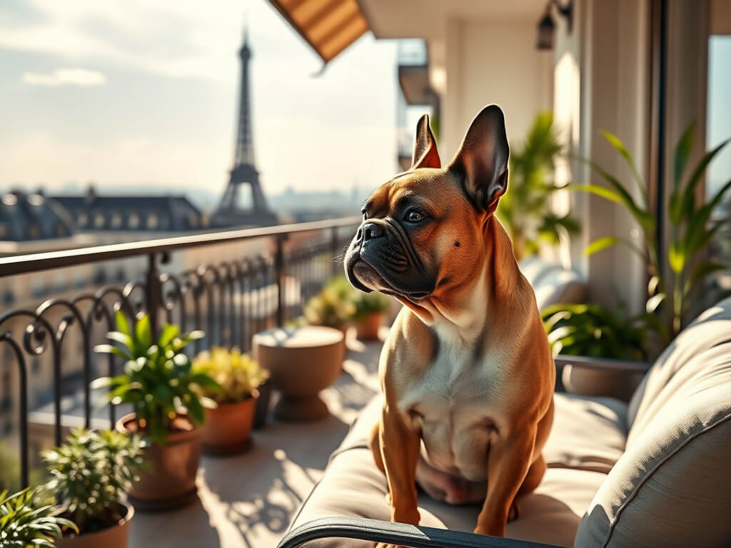 The image illustrates a scene where a French Bulldog named Poupay sits on the balcony of a luxurious apartment with a stunning view of Trocadéro and the Eiffel Tower, carefully observing the surroundings. The setting exudes urban comfort: a spacious balco
