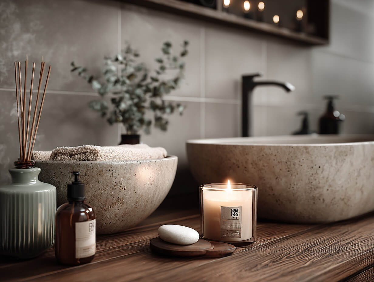 стильная идея оформления аксессуарами столешницы в ванной