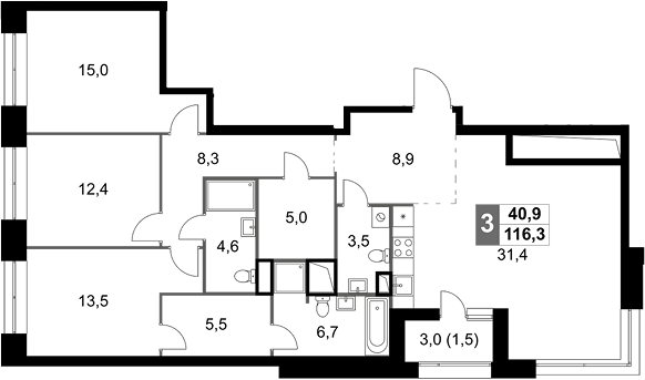 4-комн — 116,3 м²