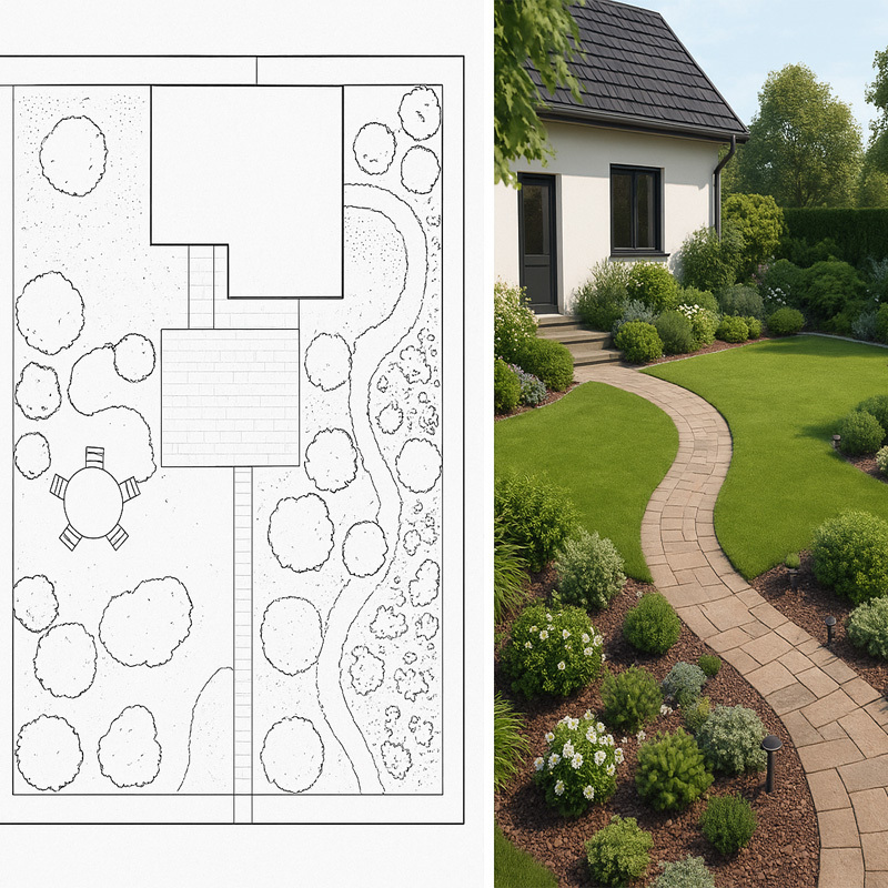 Сравнение ландшафтного проектирования: слева — чертёж сада в 2D-схеме, справа — реалистичная 3D-визуализация с дорожками, растениями и освещением.