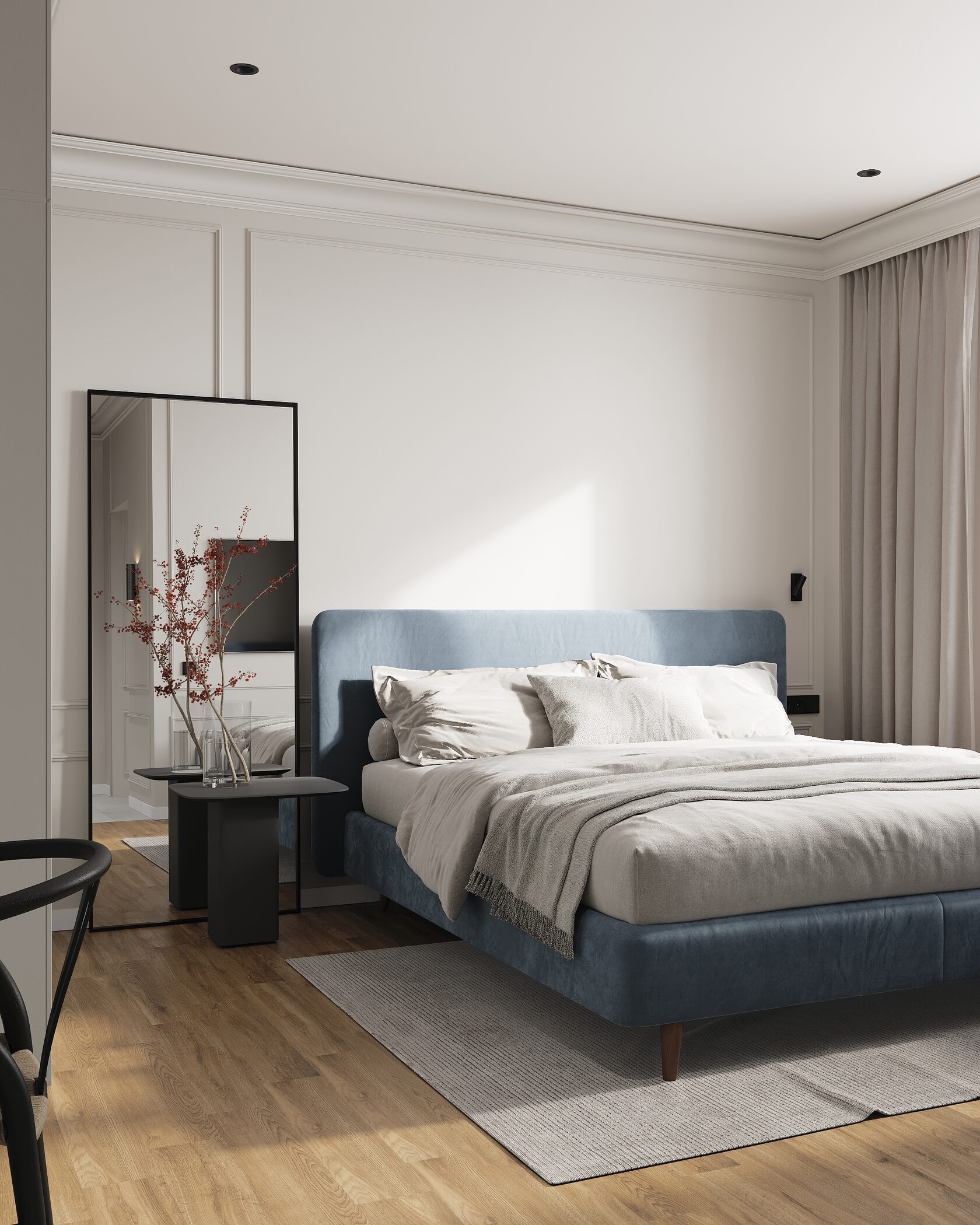 кровать в спальне с молдингами и зеркалом светлая квартира 