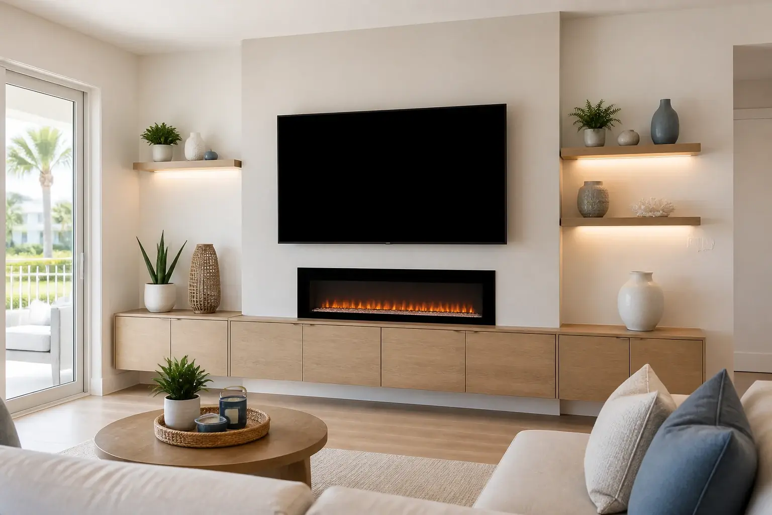 Custom media wall with a linear fireplace floating cabinetry open shelves and integrated lighting in Sarasota.