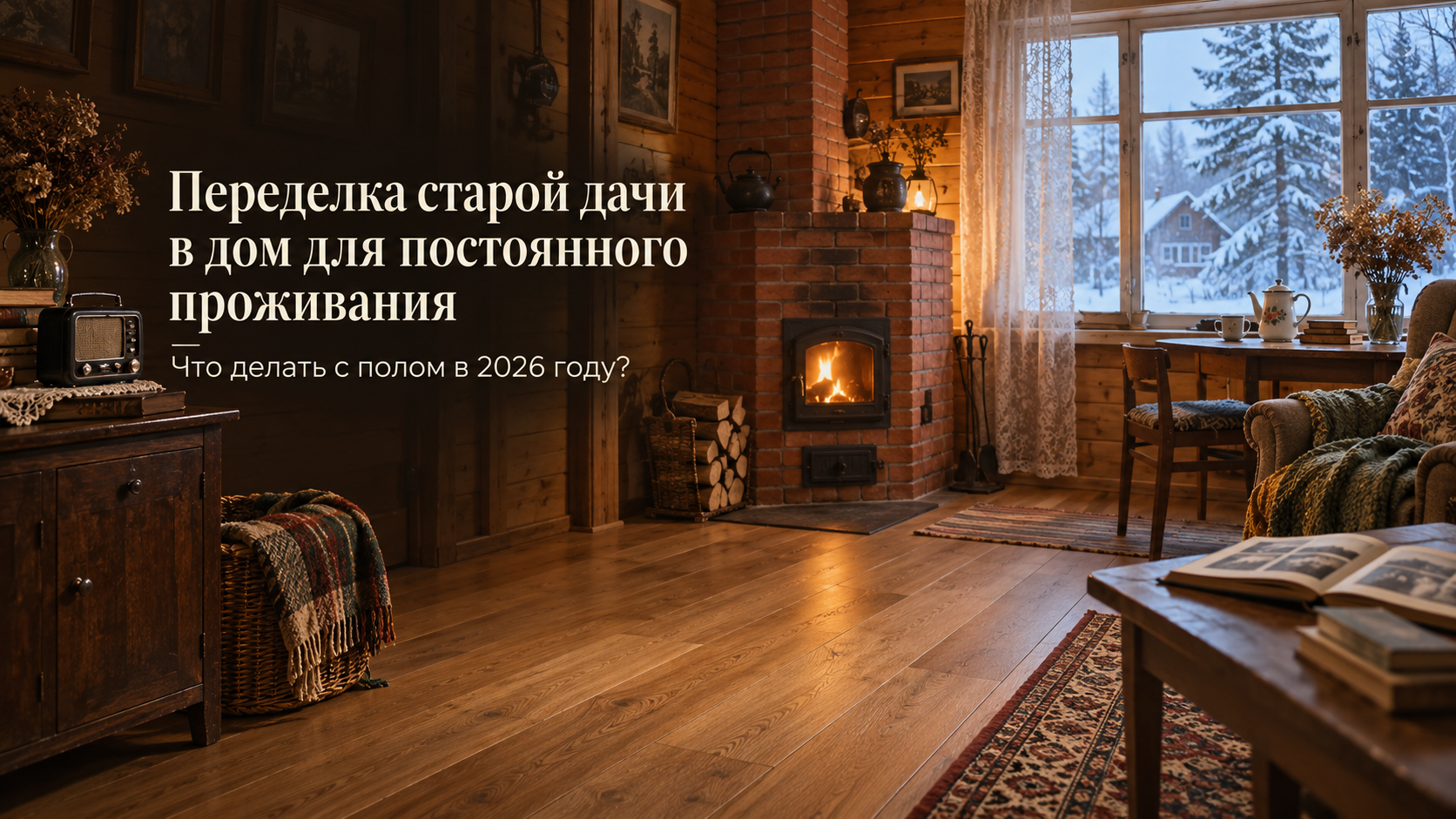 Уютный интерьер обновлённой старой дачи с сохранённой кирпичной печкой, деревянными стенами, семейным буфетом и новым тёплым полом под натуральный дуб — переделка сезонного дома для постоянного проживания в 2026 году.