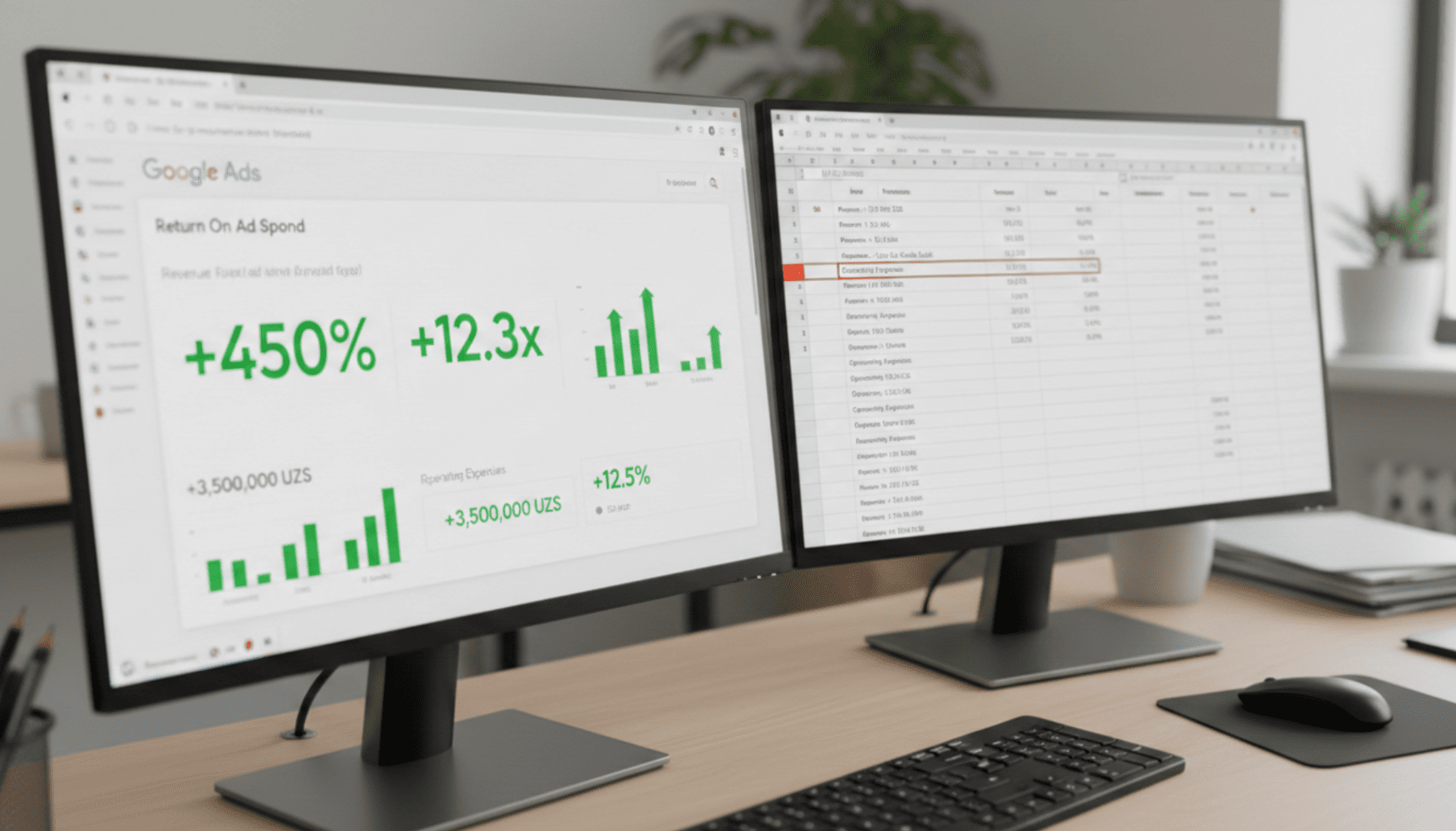 Marketing analyst reviewing multi-touch attribution and channel CPA data on dual monitors to connect ROAS to actual business ROI