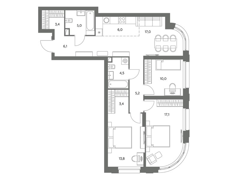 Планировка 4-комнатной квартиры 91,5 м² в ЖК «Адмирал»: корпус 1.1, секция 1, 4-й этаж