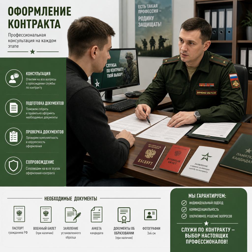 Специалист по оформлению контрактов консультирует кандидата за столом — перед ними документы, военный билет, паспорт, бланки заявлений; обстановка рабочая и деловая