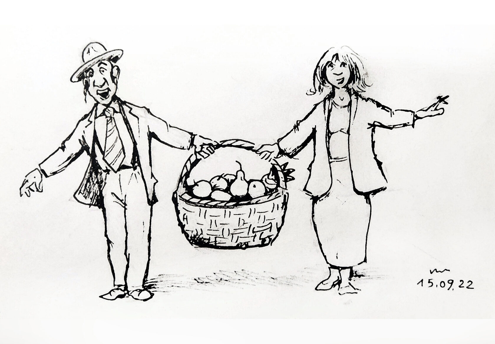 На рисунке Йосифа Лихтарева изображена семейная пара, несущая большую корзину с первыми плодами урожая. Эта сцена отсылает к заповеди главы «Ки Таво» - приносить первые плоды (бикурим) в Храм с благодарностью Всевышнему за землю и её дары. Радостные лица героев подчеркивают, что исполнение заповедей несет в себе не только обязанность, но и глубокую радость и объединение семьи в служении Богу.