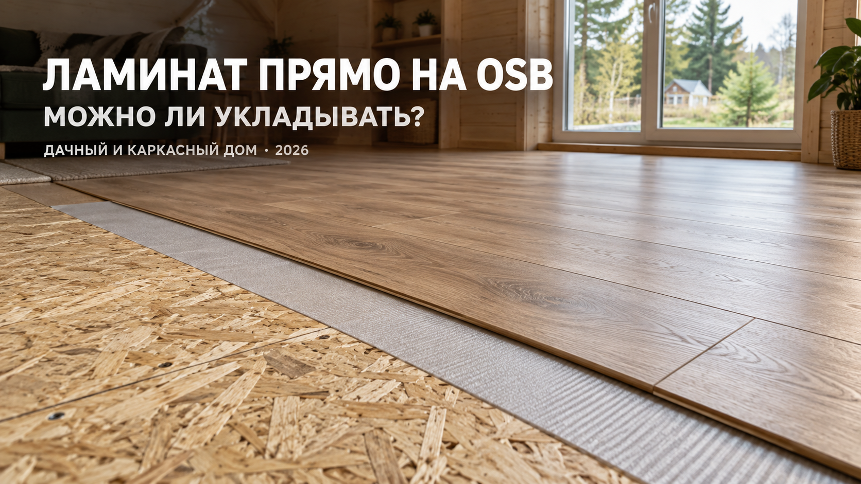 Укладка ламината на плотную подложку поверх ровного основания OSB в светлом каркасном загородном доме.