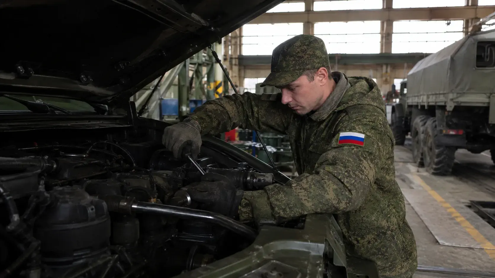 Военнослужащий выполняет техническое обслуживание автомобиля
