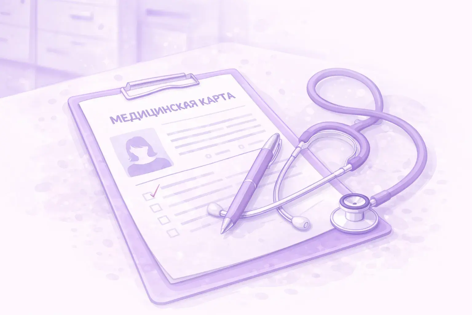 Рабочий стол гинеколога с медицинской картой пациента, ручкой и стетоскопом