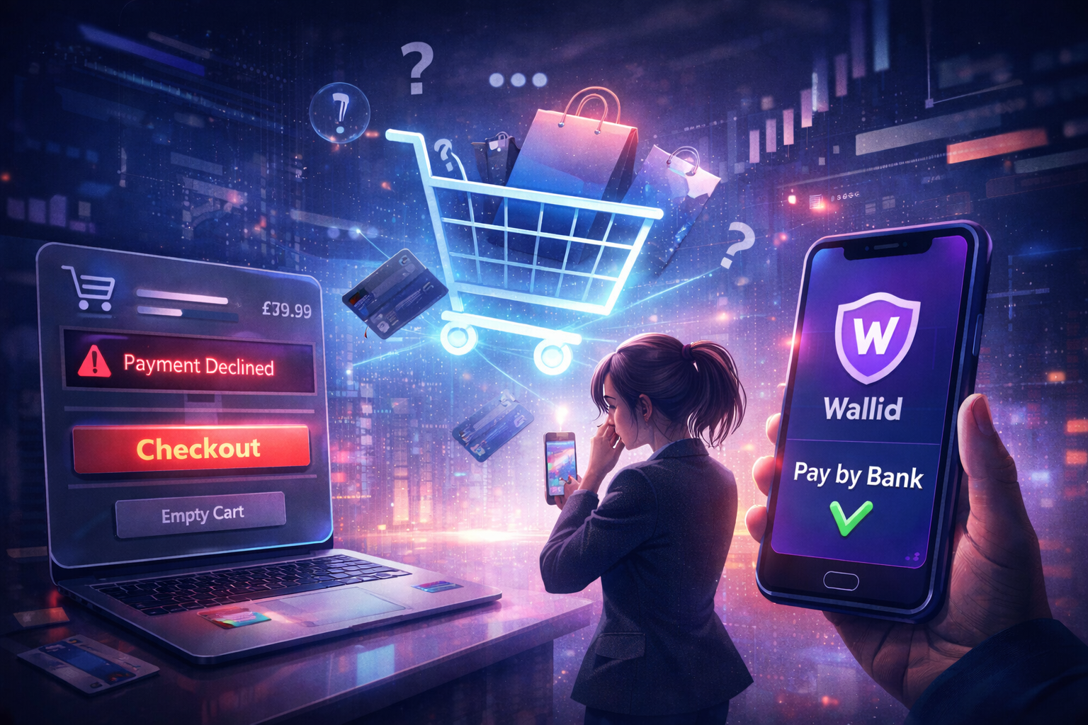 Futuristic illustration showing a shopper abandoning an online cart at checkout, with a pay-by-bank option and Wallid branding highlighting WooCommerce cart abandonment.