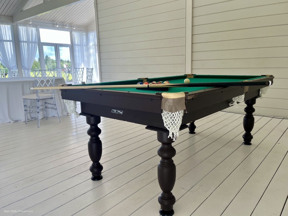 Игра в бильярд на летнем корпоративе в банкетной зоне клуба «Целеево»