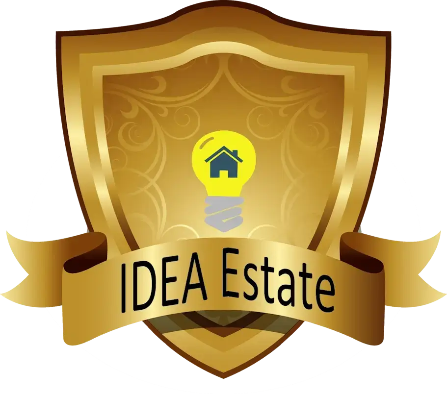 Золотой щит с логотипом и названием ипотечного агентства IDEA Estate